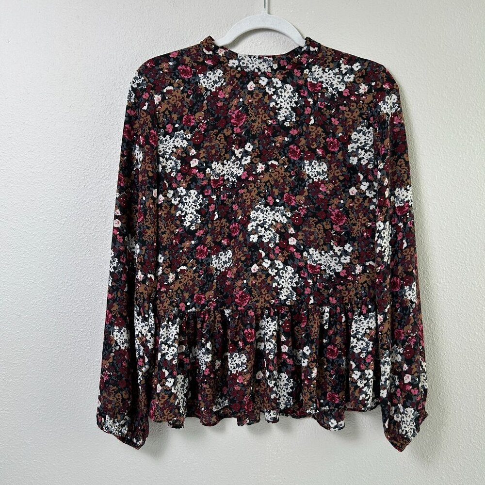 Loft Top Womens Size M Burgundy Black Floral Ruffle Hem Long Sleeve Boho